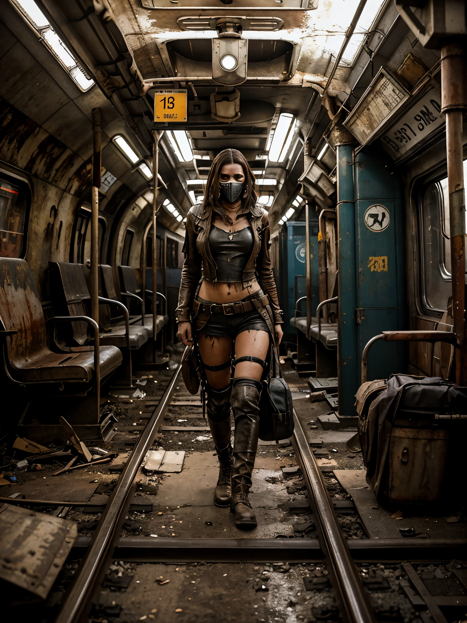 Créez une image diagonale et fidèle d'une fille triste vêtue de vêtements déchirés et sales dans un style Mad Max, portant un gros sac à dos sur le dos et s'appuyant contre un long train de métro rouillé et sale avec des pointes MÉTALLIQUES tout autour, dans un métro fermé., elle porte un vieux masque à gaz, train blindé et en ruines, il y a BEAUCOUP D&#39;ENDROITS AUTOUR de la carrosserie du train. façade avec une grille métallique cassée avec plusieurs pointes rouillées et des pointes anti-zombies tachées de sang; train de style militaire avec modifications et protection avec plaques métalliques, garde-corps autour du train, le train est dans la station souterraine privée abandonnée et sale en ruines sous le centre-ville américain ultra futuriste de Manhattan post-apocalyptique, il y a de la végétation qui pousse dans les coins des murs en saison, il y a des débris sur la voie ferrée, Tremblement steampunk, l&#39;art dramatique, style artistique dieselpunk, Ambiance apocalyptique Road Warrior, art numérique surréaliste, Mad Max inspiré, heavy art métalliquework, symétrie de la calandre chromée, art steampunk numérique, Il&#39;ce n&#39;est pas le style Mad Max, art métallique, n&#39;est pas Filip Hodas; style d&#39;illustration, art numérique steampunk, dieselpunk, dans un monde de haute technologie, photo en diagonale, haute qualité, 8k, extrêmement détaillé, aussi réaliste que possible, La plus haute qualité possible.