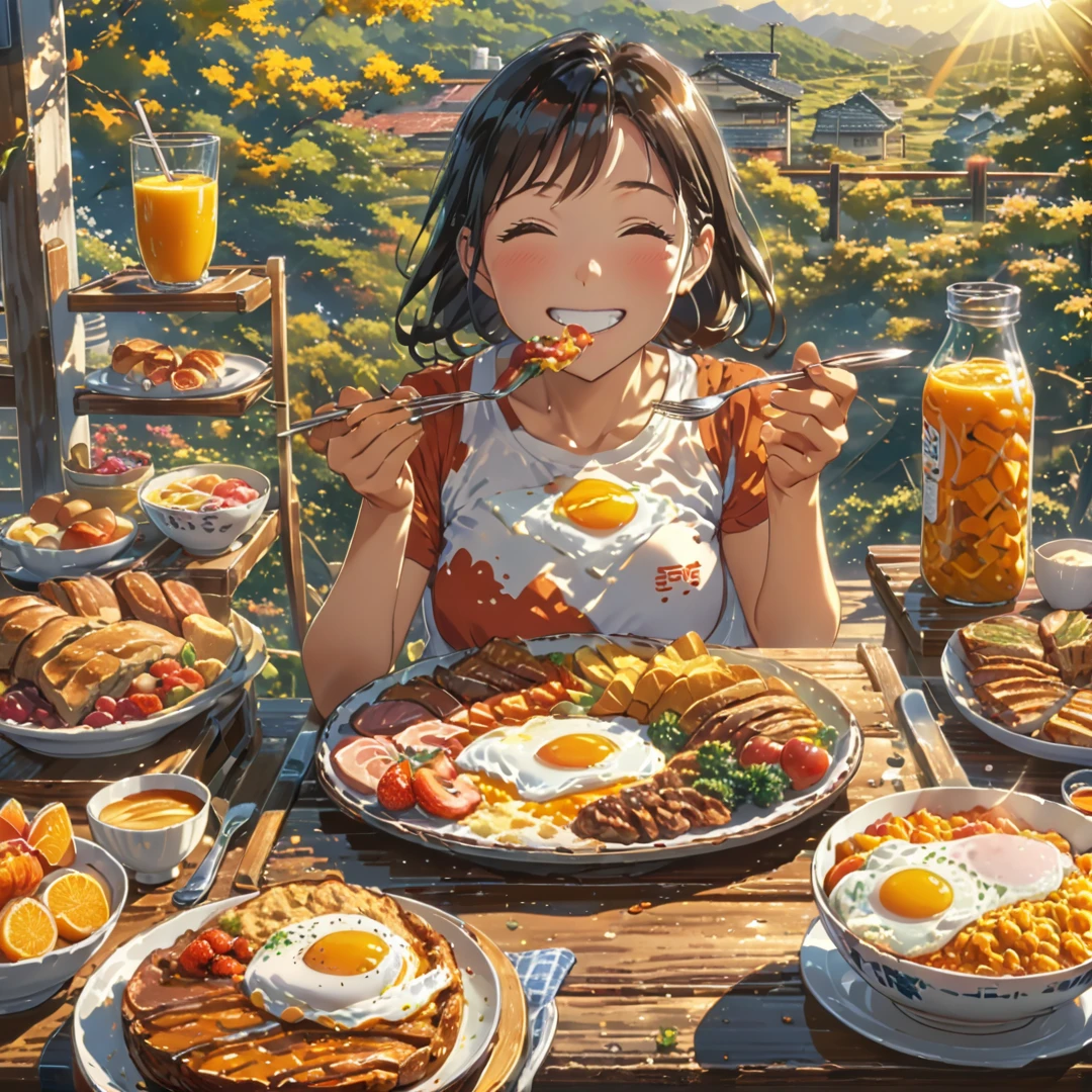 
eating breakfast, good scenery, smooth hands, happy, beautiful sunshine, best food, anime style, masterpiece, UHD, accurate, high quality, high details, super detail, award winning, best quality, 16k