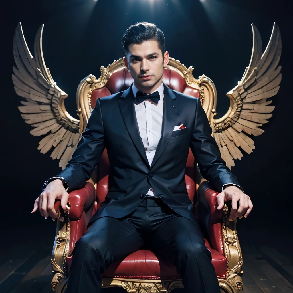 (8k, best qualityer, work of art:), Lúcifer Morningstar, a male british angel with dark hair, mischievous grin, Flaming wings, devilcore, fallen Angel, Chamas no fundo, detaileds, dark suit, club theme, 1:1 ratio, sitting on a throne drinking whiskey, detaileds, realisitic