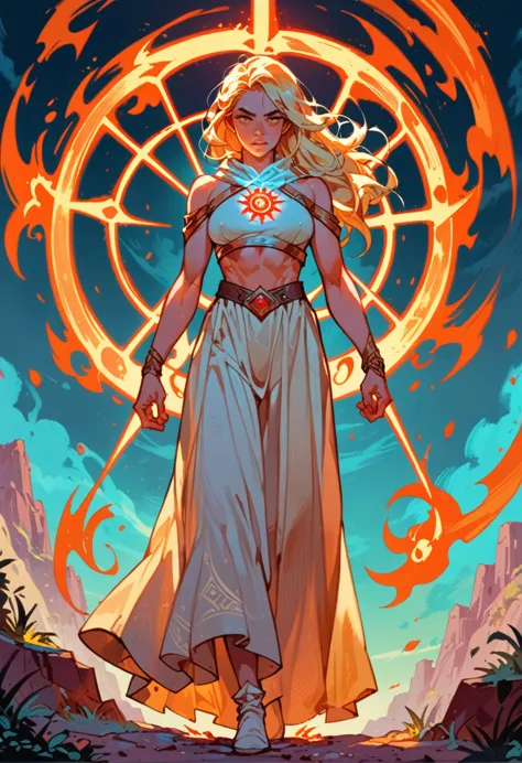 teen blonde girl , normal clothes , demigod , daughter of the sun , powerful , whole body , big tits , spell , suns spell , fire...