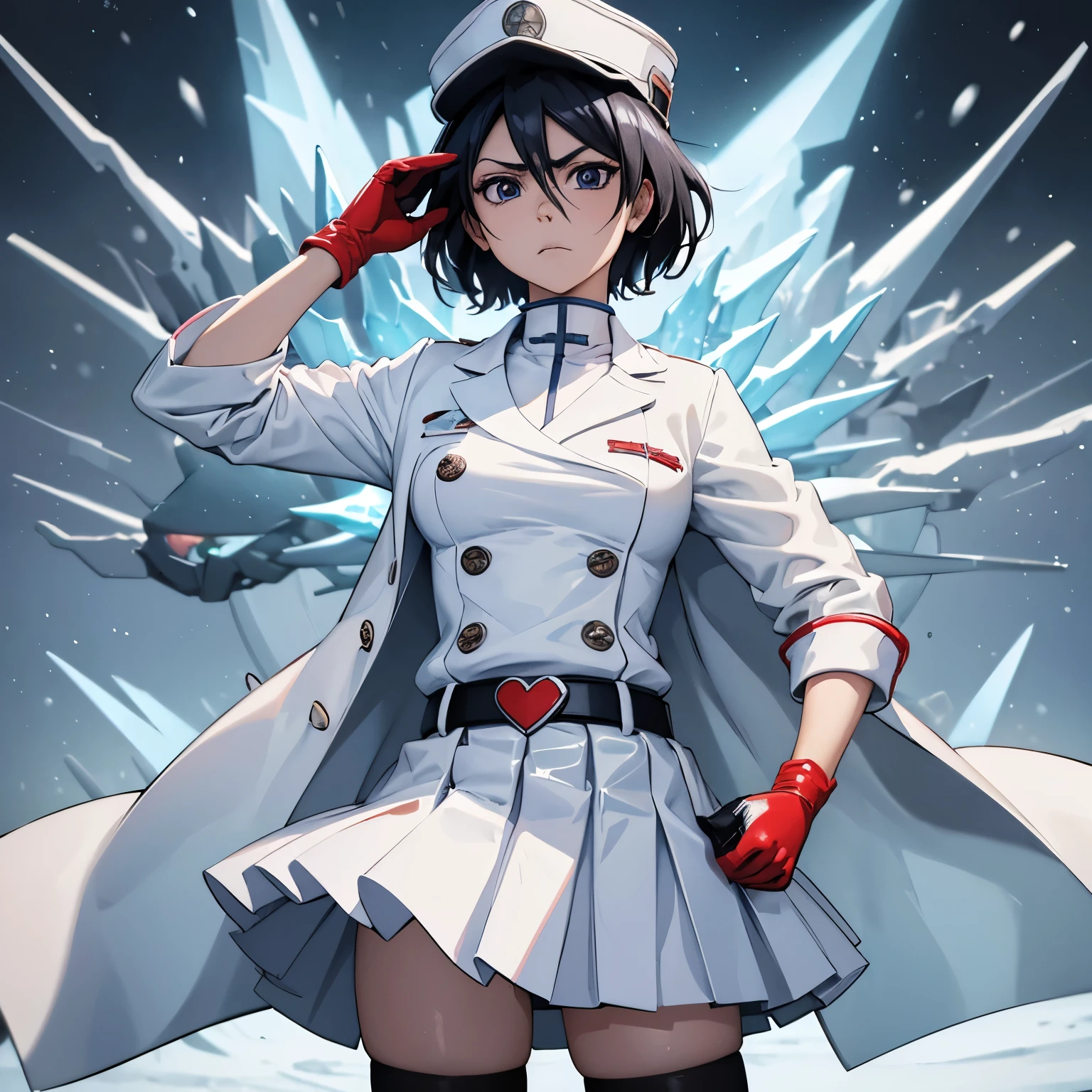 gants blancs, les yeux rouges, veste blanche, jupe blanche, Meilleure qualité, chef-d&#39;œuvre, très détaillé, [illustration, absurdres, Uniforme militaire blanc, uniforme blanc, white a, debout, seulement, 1fille, debout at attention, Inexpressif, yeux vides, regarder le spectateur, vide d&#39;émotion, corrosion, contrôle de la pensée, combattante, tout le corps, hypnotisé, transe malheureuse, Corps féminin parfait, latex extrêmement brillant, ceinture, hypnose, hypnoLora, yeux vides, Appareil de contrôle mental, cuisse haute, Eau de Javel, Quincy, cuissardes, Minijupe moulante, le tordre, Cheveux courts, cheveux noirs, yeux bleus, a, (((fond de neige, fond de glace)))