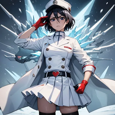 White gloves, red eyes, white jacket, white skirt, best quality, masterpiece, Highly detailed, illustration, absurdres, white mi...