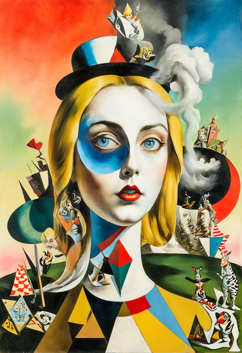 Alice in Wonderland themed, Surreal and strange dislocation art：Collage, There are many different things on the faces, colors, Geometric Dislocation, Hollow, Artistic sense, Painting, paint, Simple, smoke effect, Collage, Conceptual art, Dadaism