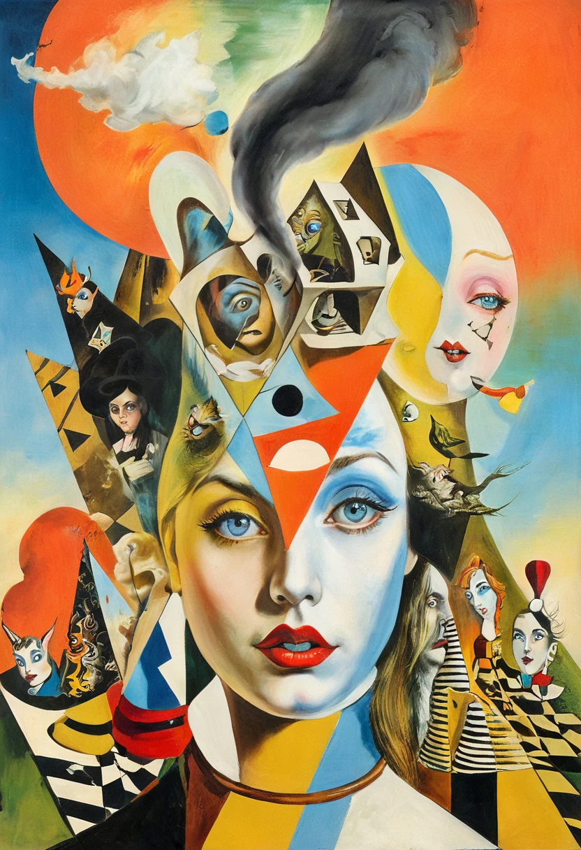 Alice in Wonderland themed, Surreal and strange dislocation art：Collage, There are many different things on the faces, colors, Geometric Dislocation, Hollow, Artistic sense, Painting, paint, Simple, smoke effect, Collage, Conceptual art, Dadaism