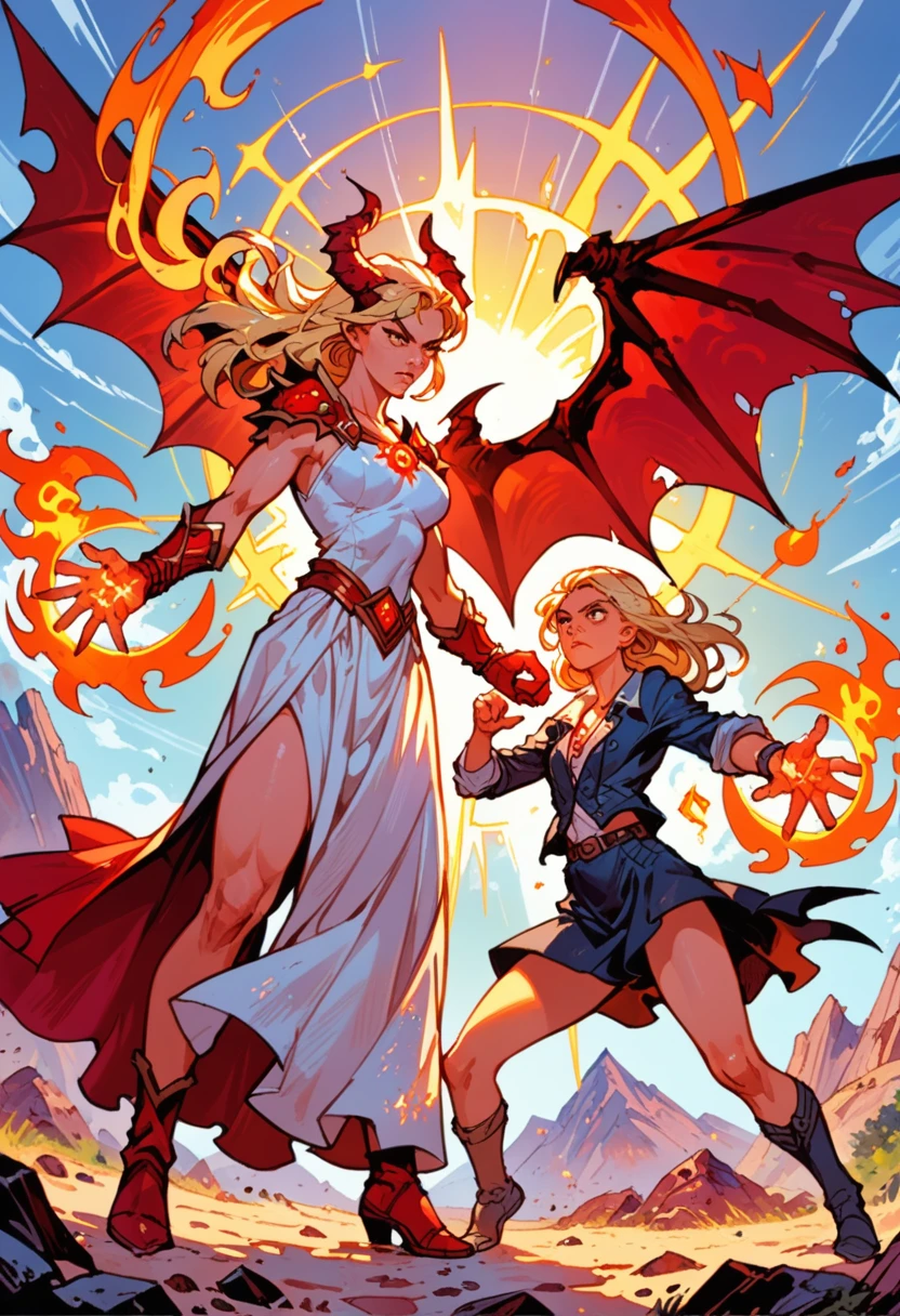 teen blonde girl , normal clothes , demigod , daughter of the sun , powerful , whole body , big tits , spell , suns spell , fire spell , fighting a demon , shadow demon