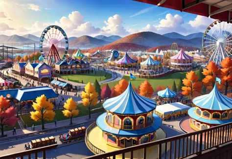 the scenery outside the window of the gondola at the top of the ferris wheel, can see roller coasters, carousels, haunted teacup...