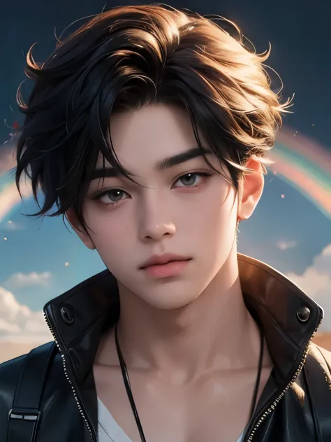 boy with wavy rainbow hair, Rainbow eyes , brown skin, cute asian boy, boy with a beautiful face, Realistic anime style, boy looking like a kpop idol