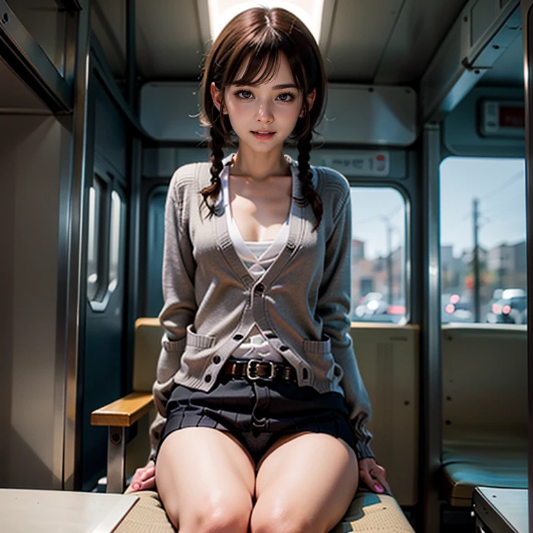 (((Misako Renbutsu)))Beautiful Young Female with ((Twin Braids) covering Bust) (Flashing Crotch) on ((Dusk Train)), (extremely delicate and beautiful) Detailed Closing Texture, Professional portrait of SemiNude photography, (((Unbuttoned cardigan with beltbra:1.37)) White SkinnyShorts)Navel, (sitting_chair) {leaning back|(knee up to chest)}, (Motion blurred window){(Tyndall effect)|lens flare|Haze|bokeh} ZoomLayer (Oodles Blurred Colorful Lights (Starry particles)), (TopQuality Masterpiece of 8K Ultra-detailed DigitalPainting by Jeremy Lipking), (Clearly visible the Shape of Crotch), (extra leg:-1)