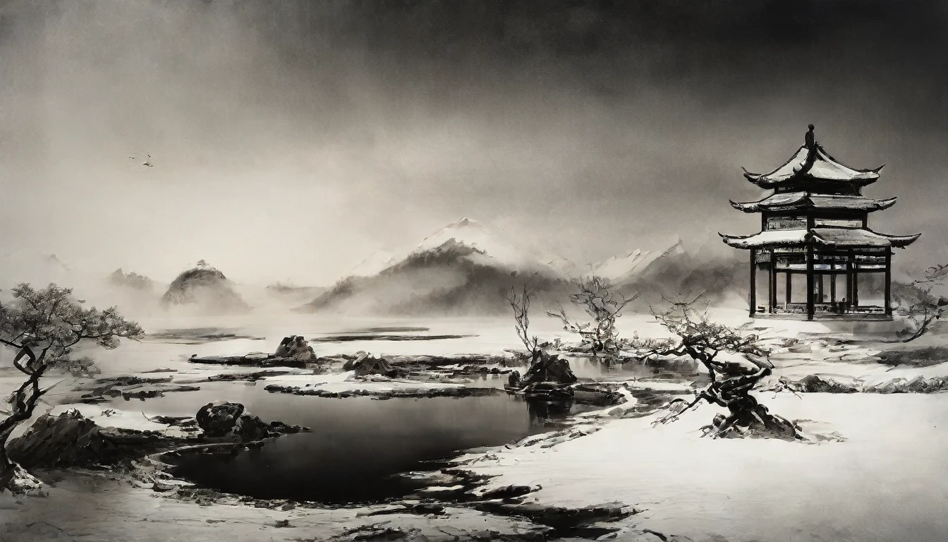 传统中式风格，Black and white Chinese 墨水 painting，water 墨水，墨水，土壤，温特斯，雪，heavy 雪，在远处, The mountains on all sides are covered with thick 雪，在一个广阔的, 不规则的圆形湖泊上,，超广角镜头，超级视觉，空河，空灵气息，意境优美，中国古典诗歌