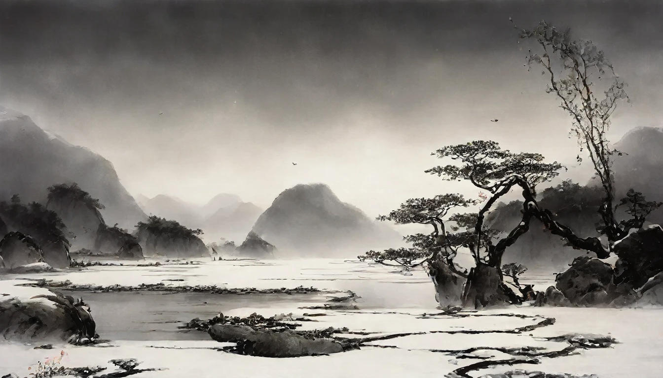 傳統中式風格，Black and white Chinese 墨水 painting，water 墨水，墨水，土壤，溫特斯，雪，heavy 雪，在遠處, The mountains on all sides are covered with thick 雪，何處廣闊, 不規則圓形湖,，超廣角鏡頭，超級視野，空河，空靈的氣息，美麗的意境，中國古典詩詞