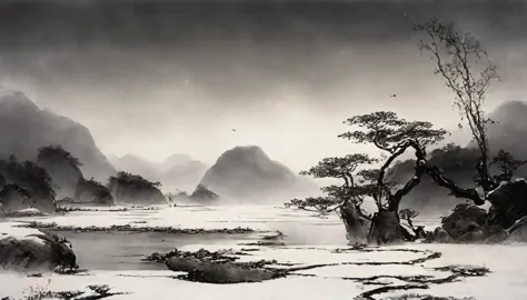 Traditional Chinese style，Black and white Chinese ink painting，water ink，ink，Soil，Winters，snow，heavy snow，In the distance, The m...