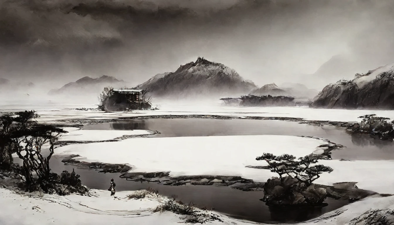 传统中式风格，Black and white Chinese 墨水 painting，water 墨水，墨水，土壤，温特斯，雪，heavy 雪，在远处, The mountains on all sides are covered with thick 雪，在一个广阔的, 不规则的圆形湖泊上,，超广角镜头，超级视觉，空河，空灵气息，意境优美，中国古典诗歌