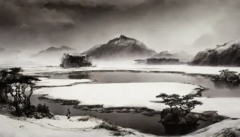 Traditional Chinese style，Black and white Chinese ink painting，water ink，ink，Soil，Winters，snow，heavy snow，In the distance, The m...