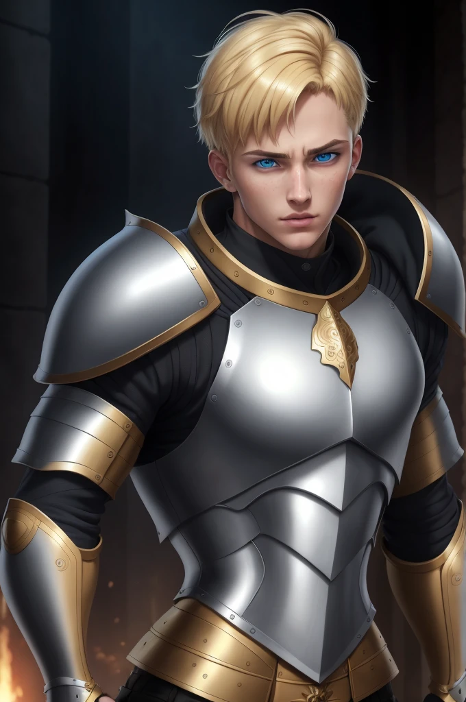 (best qualityer,4K,8k,high resolution,work of art:1.2),ultra detali,realisitic,portraite,young adult boy, hair blonde, short hair, mustage, beautiful detailed eyes, beautiful detailed lips, Blonde top, chain mail armor, great sword in hands, epic pose, blue eyes,Illustration style,swirly vibrant colors,warm hues,soft lighting,evil day background