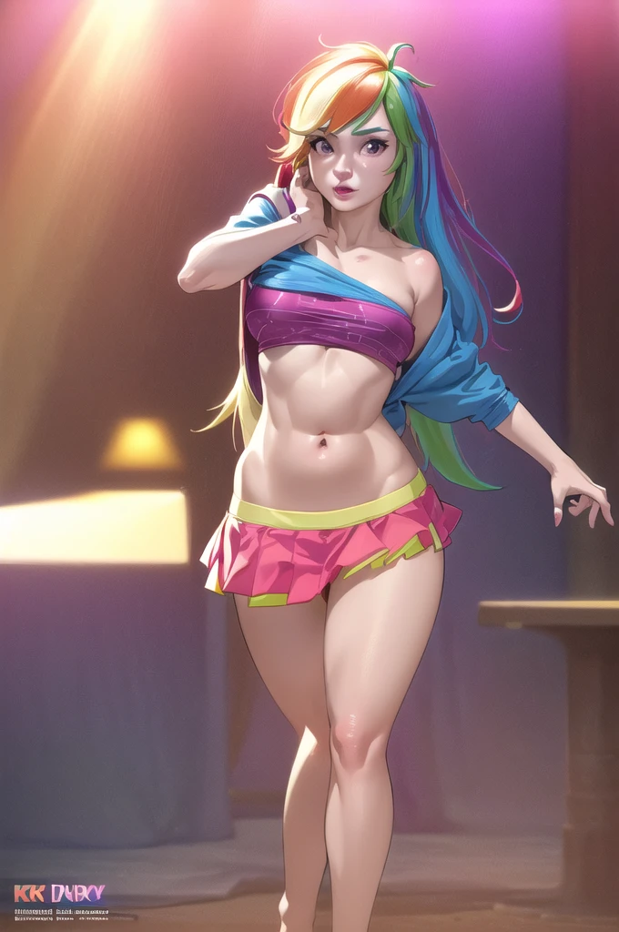 rainbow dash, anthro, exposed skin, belly button, proud, confident, colorful, vibrant, detailed anatomy, micro skirt, full body, (best quality,4k,8k,highres,masterpiece:1.2),ultra-detailed,(realistic,photorealistic,photo-realistic:1.37),digital art,fantasy,character portrait,cinematic lighting,dynamic pose