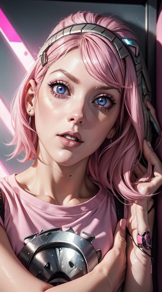  medium pink hair, blue colored eyes, pale skin, demon, claws, bangss, gothic art, full body shot shot, elegant pose, ssmile, Romanticism, work of art, anatomically correcte, high qualiy, super detaill, best qualityer, 4K, 8k, Perfect Woman, the most beautiful woman, her face has to be symmetrical and beautiful, baby pink hair, best qualityer final, beautfull woman, speech bubble, Galaxy,60s,70s,80s,colorfully,cosmo,space, VERY DETAILED EAR FLARERS, detailed pink hair, ((((wear t-shirt writing ((karry66)))), delicate and well-detailed face, (((pink cyberpunk armadura))), proportional face 