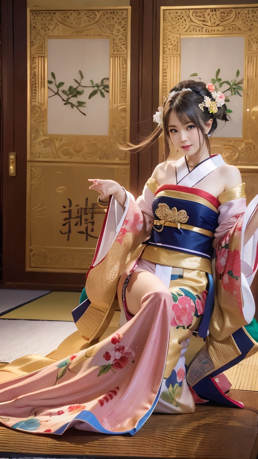 (robe traditionnelle japonaise sexy), (salle de banquet,, chambre japonaise traditionnelle:1.5), Le fond est un paravent doré, DOAXVV_Marie-Rose, Une fille, des pays, Corps mince, énormes bustes rebondissants, Tour de cou noir, Éventail traditionnel japonais à la main, Dansez les bras grands ouverts, 超haute résolution, rétine, chef-d&#39;œuvre, précis, Anatomiquement correct, peau texturée, Super détail, Attention au détail, Haute qualité, 最Haute qualité, haute résolution, 4k