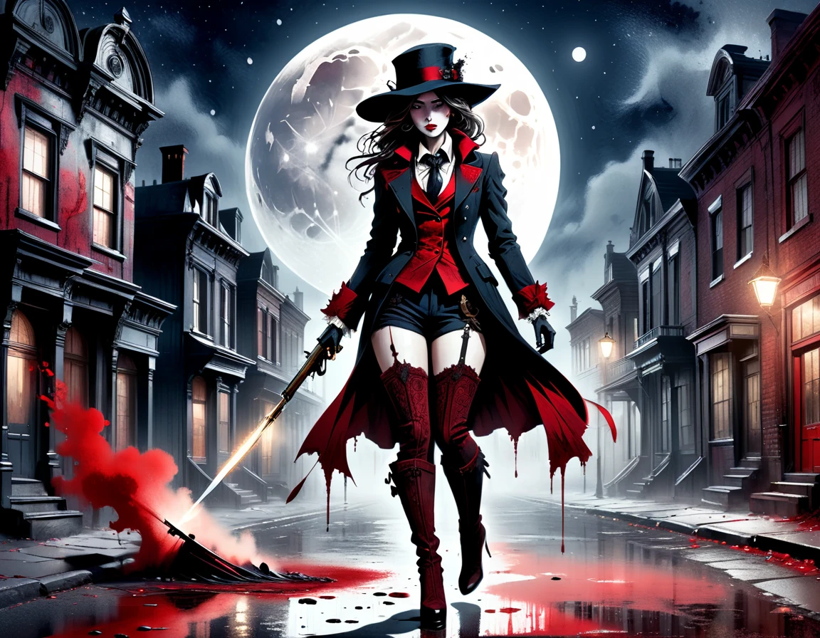 Illustration in red and black ink, distressed white paper, inkpunk, ink stains, ink splatter, drops, , empty street of a Victorian city and the figure of a woman in a suit, thighhighs, coat and cap with a revolver in her hand and a knife in the other emerging from shadow, moon, moonlight