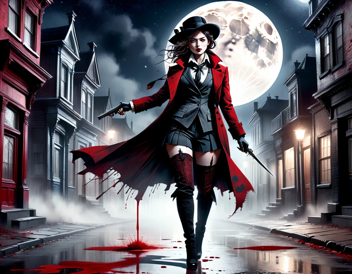 Illustration in red and black ink, distressed white paper, inkpunk, ink stains, ink splatter, drops, , empty street of a Victorian city and the figure of a woman in a suit, thighhighs, coat and cap with a revolver in her hand and a knife in the other emerging from shadow, moon, moonlight