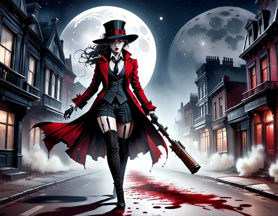 Illustration in red and black ink, distressed white paper, inkpunk, ink stains, ink splatter, drops, , empty street of a Victorian city and the figure of a woman in a suit, thighhighs, coat and cap with a revolver in her hand and a knife in the other emerging from shadow, moon, moonlight