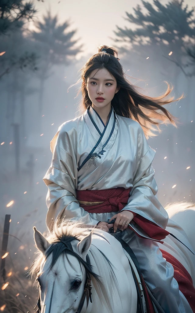 (best quality, masterpiece:1.4), (realism:1.2), (realism:1.2), (absurd:1.2), (photoPractical:1.3), 1 Girl,Realistic skin,Solitary,( Very big eyes,Beautiful and delicate eyes, Symmetrical eyes), Upper Body,((Cowboy shooting)),battlefield, Chinese martial arts war scenes, Chinese girl in blue and white porcelain armor, Martial Arts Styles, Chinese fairy tales,Very detailed, Dynamic, Movie, amazing, Practical lighting and shading, vivid, Energetic, Octane Rendering, Unreal Engine, Very detailed, Concept Art, Practical, Riding a white horse, Wind and smoke,Chinese Zen style,impactful picture, 