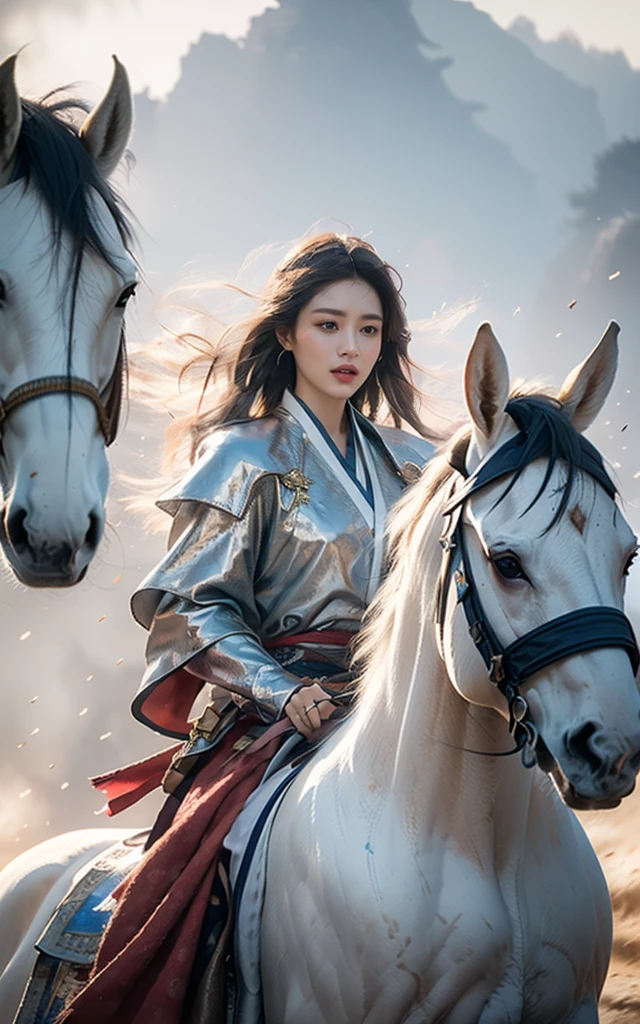 (best quality, masterpiece:1.4), (realism:1.2), (realism:1.2), (absurd:1.2), (photoPractical:1.3), 1 Girl,Realistic skin,Solitary,( Very big eyes,Beautiful and delicate eyes, Symmetrical eyes), Upper Body,((Cowboy shooting)),battlefield, Chinese martial arts war scenes, Chinese girl in blue and white porcelain armor, Martial Arts Styles, Chinese fairy tales,Very detailed, Dynamic, Movie, amazing, Practical lighting and shading, vivid, Energetic, Octane Rendering, Unreal Engine, Very detailed, Concept Art, Practical, Riding a white horse, Wind and smoke,Chinese Zen style,impactful picture, 