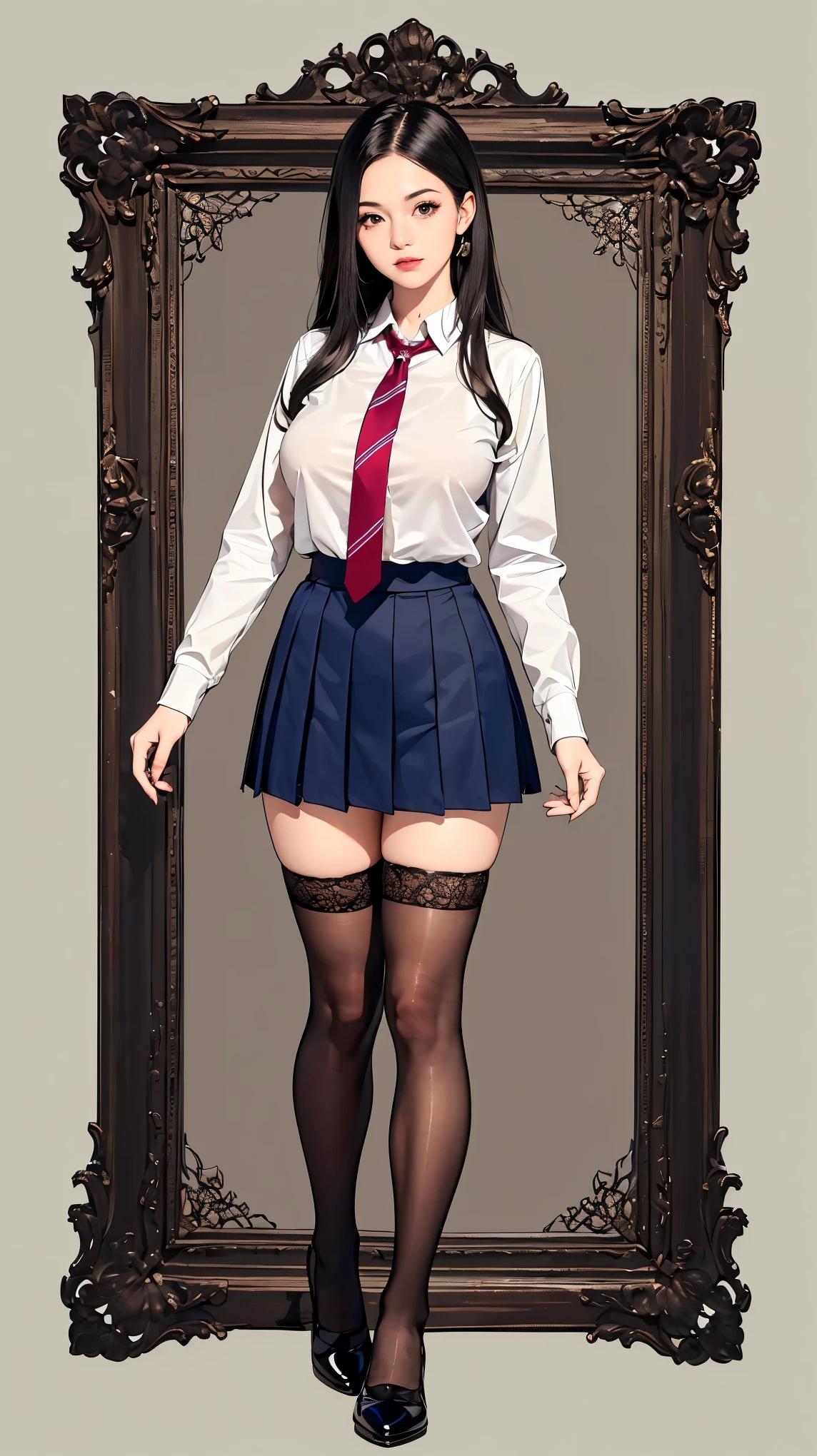 ((best quality,4k,highres,masterpiece:1.2)),((character concept art)), 1 female, age 18. Known for her youthful charm and unwavering determination, Her body language is as modest as her personality, always exuding a sense of innocence and resilience. ((She is dressed in a prestigious Tokyo high school uniform)), (((The uniform includes a tailored navy blazer with the school crest on the chest, a necktie, a white blouse with a Peter Pan collar underneath that compliment her natural E-cup breasts, a pleated maroon skirt that emphasizing her figure))). (((She enhances her look with Sheer black stockings and black leather oxford shoes))), carrying her ensemble with an air of subtle confidence. Her accessories are minimal, reflecting her simple lifestyle at this age. ((intricate detail)), super finely detailed hands, ultra finely detailed fingers(((ten fingers))), (standing confidently), (full body showcase), (show full body), (no logos on background), (no logo), ((plain background)), ((plain background)), (((empty background))).
