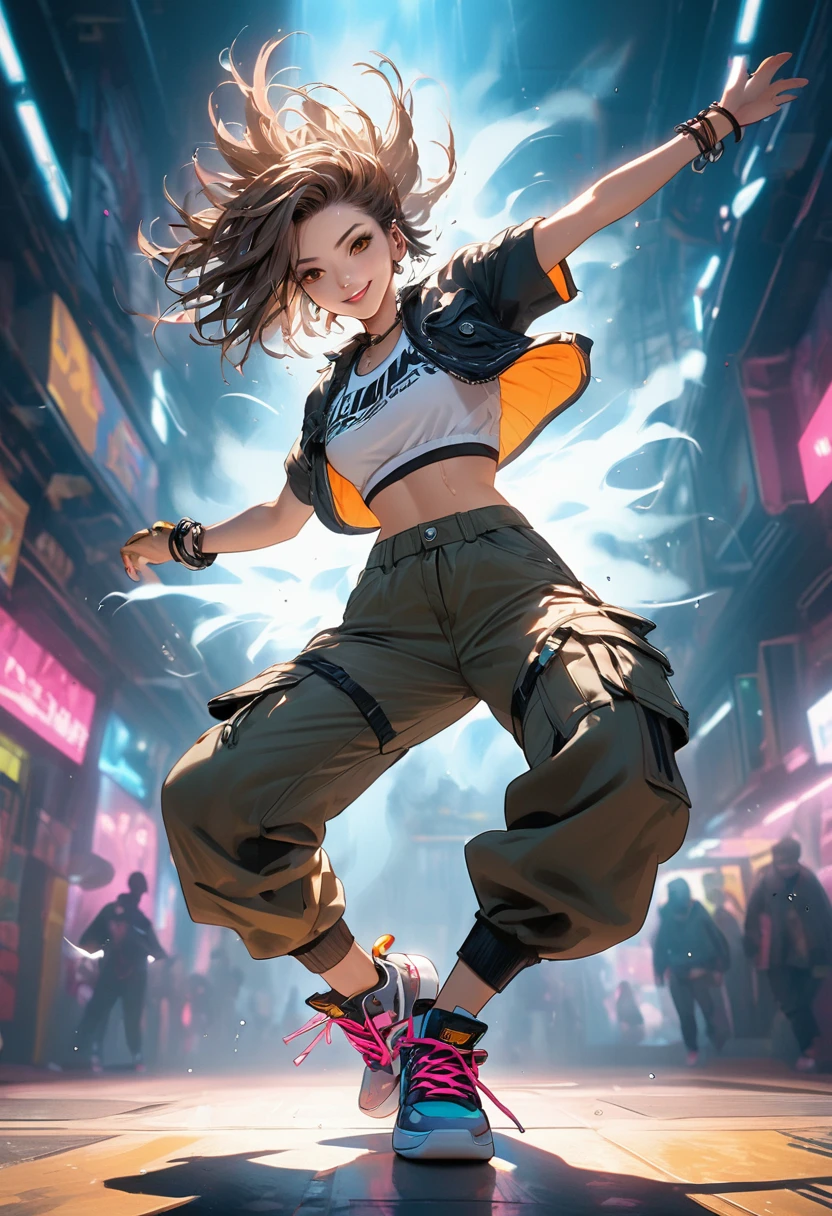 (masterpiece, best quality:1.2), A cute lady, solo, breakin dancer, power movements, strenuous movements, intense footwork, Dynamic Motion Blur, Sweat shines and pops, cyberpunk, bright smile, lips apart, (punk color short hair, brown eyes), (crop top, cargo pants, sneakers), Fluttering hair, atmosphere full of steam, professional lighting, cinematic lighting, Dynamic action scenes