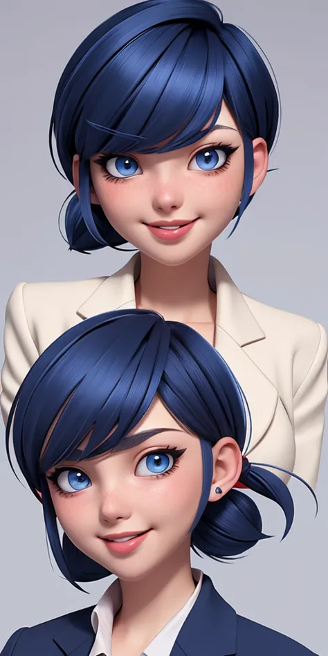 Dark blue, bob-cut hair with red-tipped ponytail, blue eyes, light makeup with winged eyeliner, neutral expression, white shirt ...