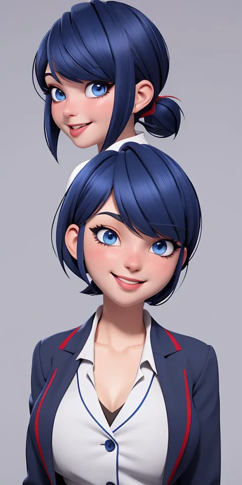 Dark blue, bob-cut hair with red-tipped ponytail, blue eyes, light makeup with winged eyeliner, neutral expression, white shirt ...