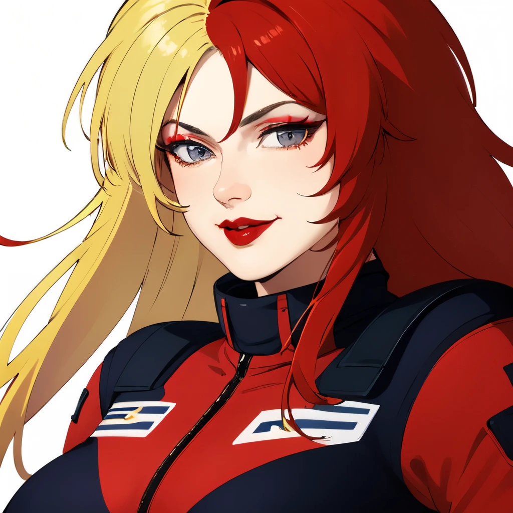 masterpiece,high quality,white background,solo,
chara_soon,1woman,
long hair,multicolored hair,two-tone hair,split-color hair,blonde hair,red hair,makeup,grey eyes,lipstick,
pilot suit,zion,
gloves,
smile,looking at viewer,cowboy shot, large breast