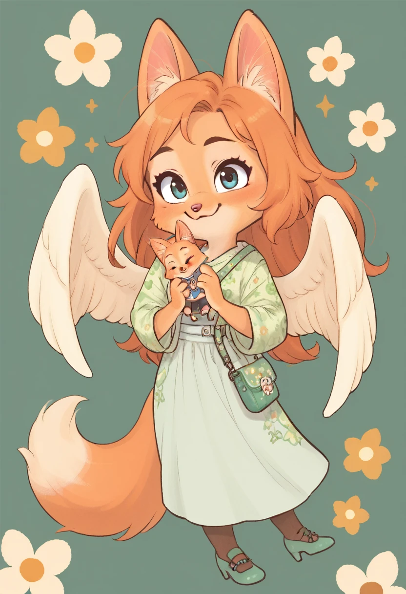 little fox, kid girl fox, little kid, ginger fur, long hair, ginger hair, blue eyes, dusty-pink nose, fox tail, fox ears, face similar of Diane Foxington, kid, cute, wearing a white long dress, aureola, angel wings, angel, chibi, alone, tied hair, smile, sleepy, cartoon, toon, chibi, cute girl, alone