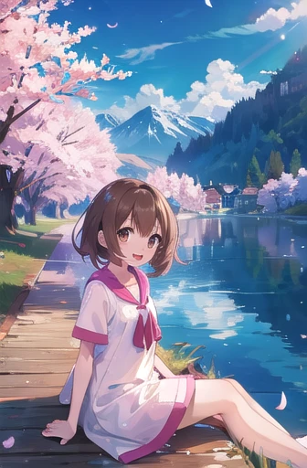 gloria from Pokemon (masterpiece),  BREAK 1girl,  breezy summer dress,  wavy hair,  floating hair,  smile,  sitting,  open mouth,  light particles,  brown hair,  deep brown eyes,  looking at viewer,  face focus, BREAK, scenery,  mountainous horizon,  cherry blossoms,  petals,  light particles,  BREAK upper body,  