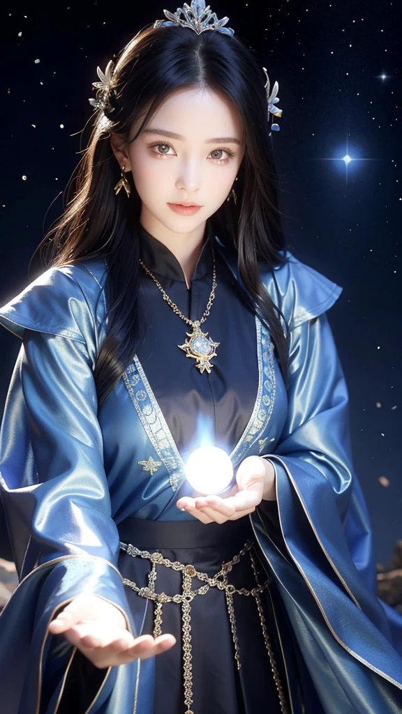 ((facing front:1.5)),Female fortune teller. Attractive, beautiful and mysterious. She wears a blue cloak and has distinct features. The atmosphere is bright and sparkling, full of anxiety and anticipation. A fortune teller is standing there. The body is facing forward. he is looking at you He holds a crystal ball in his right hand. The lighting in the room is bright, creating a magical atmosphere. Best picture quality, 4k or 8k resolution. The level of detail is very detailed and realistic, close to photorealism. Artistic style should reflect an official aesthetic with bright colors and strong contrasts. The color palette should emphasize the mystical and mystical theme of the work. The fortune teller's cloak is decorated with metal edging with a thickness ratio of 1.5 and intricate designs. The overall atmosphere is magical, like a starry sky. The expression on the fortune teller's face should arouse mystical interest.