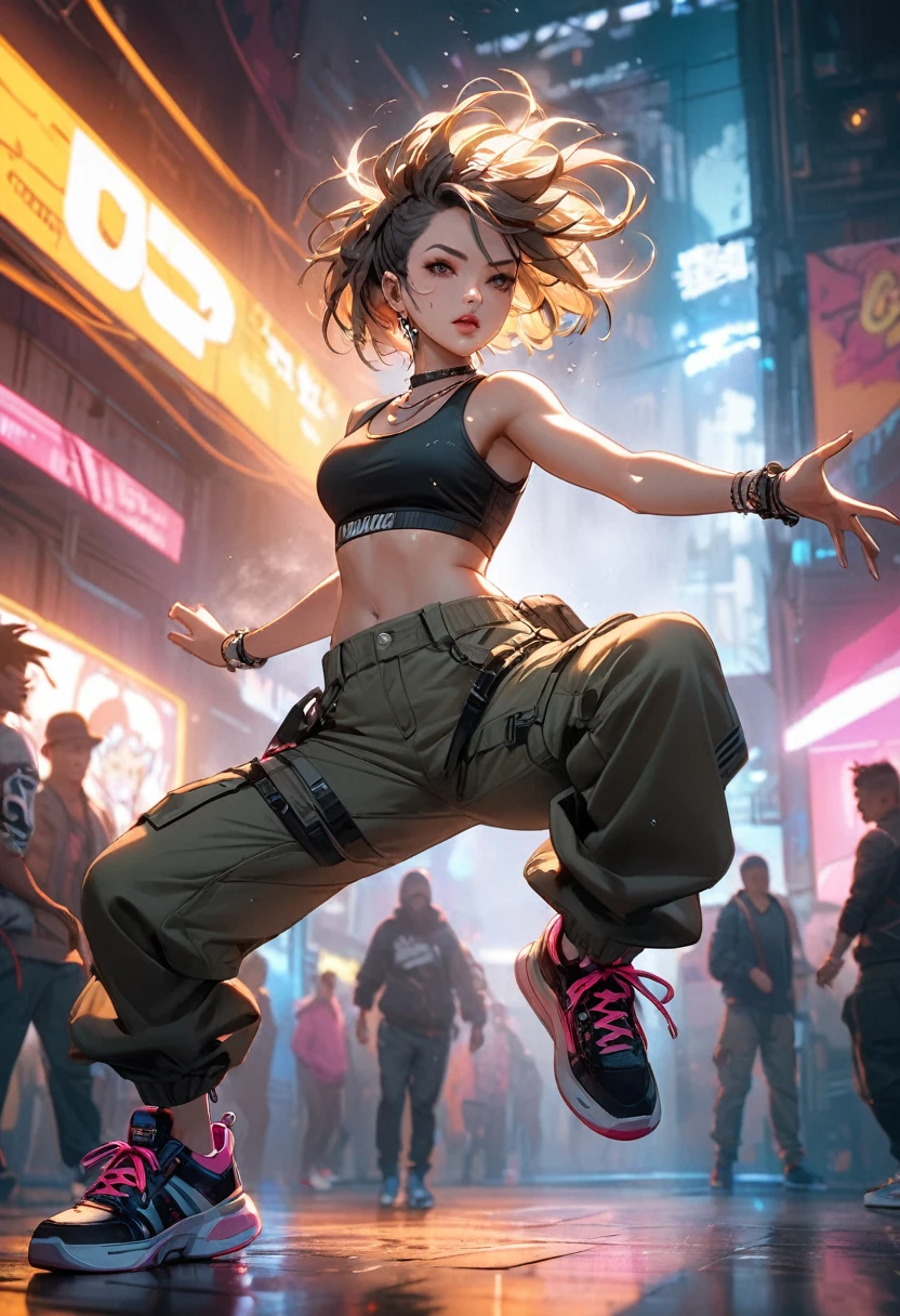 (masterpiece, best quality:1.2), A cute lady, solo, breakin dancer, power movements, strenuous movements, (one hand handstand), Dynamic Motion Blur, Sweat shines and pops, cyberpunk, lips apart, (punk color short hair, brown eyes), (crop top, cargo pants, sneakers), Fluttering hair, atmosphere full of steam, professional lighting, cinematic lighting, Dynamic action scenes