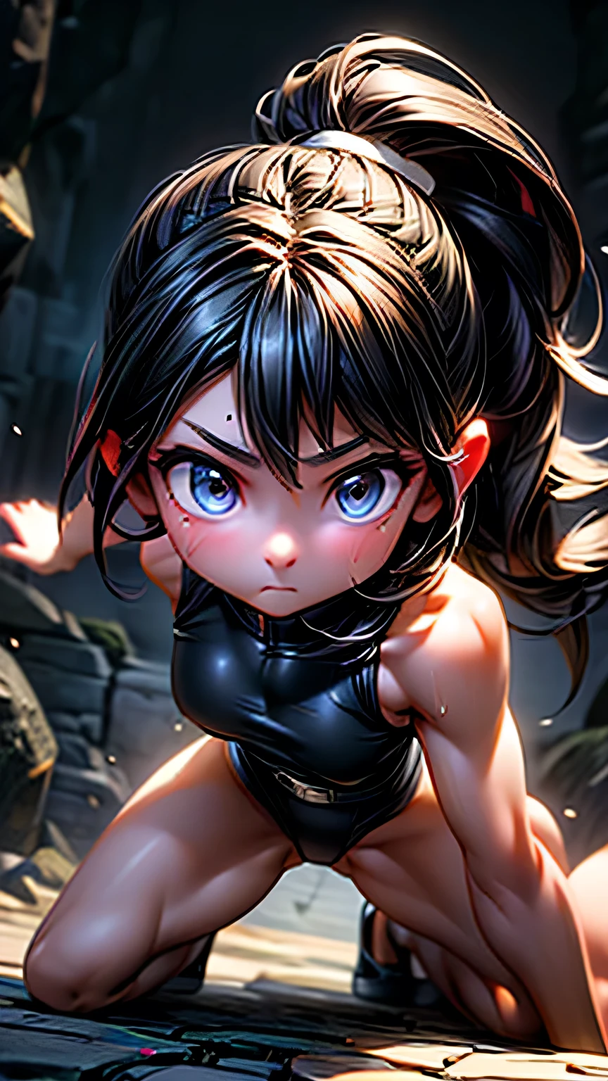 high quality, Real engine, Female Fighter, Fighting Pose､In the battle scene, Ready to fight, 4K, Invincible, The best warrior, Fighting Pose, Aggressive, sweating, Blood vessel, (Big Breasts), Toned Abs, White skin, Black ponytail, (((Black leotard))), Looking into the camera､masterpiece, 最high quality, high quality, High resolution､Realistic、(Cinema Lighting)、Detail emphasis, Beautiful lighting、Sharp focus. 超Detailed face、Detailed Iole Hair、Black Hair、Long Hair、Beautiful Hairstyles、Detailed face、Exposed breasts、Cleavage、(Big Breasts)、(Hard nipples)､Incredibly stupid, It seems ridiculous..,  (((Black leotard))), In a dark cave､Inside a realistic cave､On all fours