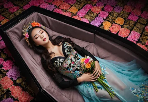 In a striking 8K HDR scene, a stunning Korean woman, 22 years old, lies peacefully in a black coffin surrounded by plush pillows...