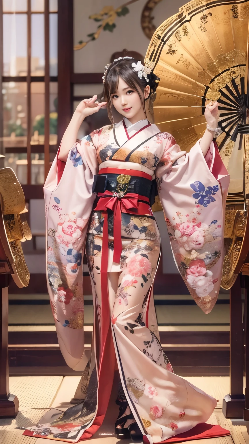 (vestido tradicional japonês sexy), (salão de banquetes,, quarto tradicional japonês:1.5), O fundo é uma tela dobrável dourada, DOAXVV_Maria Rosa, Uma garota, países, Corpo fino, enormes bustos saltitantes, gargantilha preta, Fã tradicional japonês na mão, Dance com os braços bem abertos, 超Alta resolução, retina, obra de arte, preciso, Anatomicamente correto, Pele texturizada, Super Detalhe, Atenção aos detalhes, alta qualidade, 最alta qualidade, Alta resolução, 4K