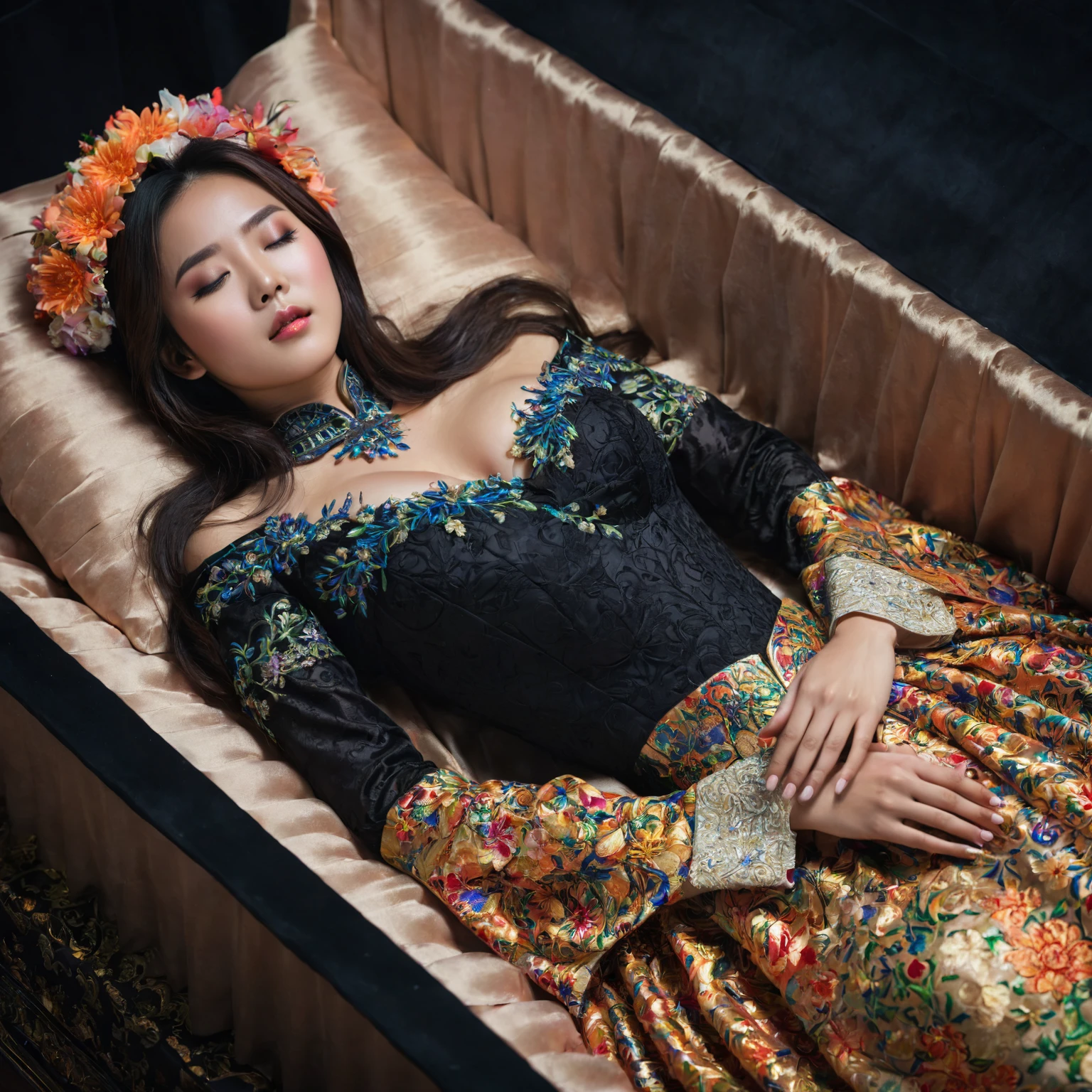 In a striking 8K HDR scene, a stunning Korean woman, 22 years old, lies peacefully in a black coffin surrounded by plush pillows. The deep box is set against a rich black background, accentuating the beauty of the subject. Her exquisite deep-V neckline kebaya attire is embroidered with superb detail, showcasing her round and firm breasts, perfect cleavage, and beautiful eyebrows. Her closed eyes and mouth give an air of serenity, while her visible and absolute cleavage leave nothing to imagination. The scene is bathed in saturated colors, highlighting every intricate aspect from the ball skirt to her clean face, straight body, detailed hand perfect hands, straight body, holding the flowers, straight legs, detailed fingers, detailed hand