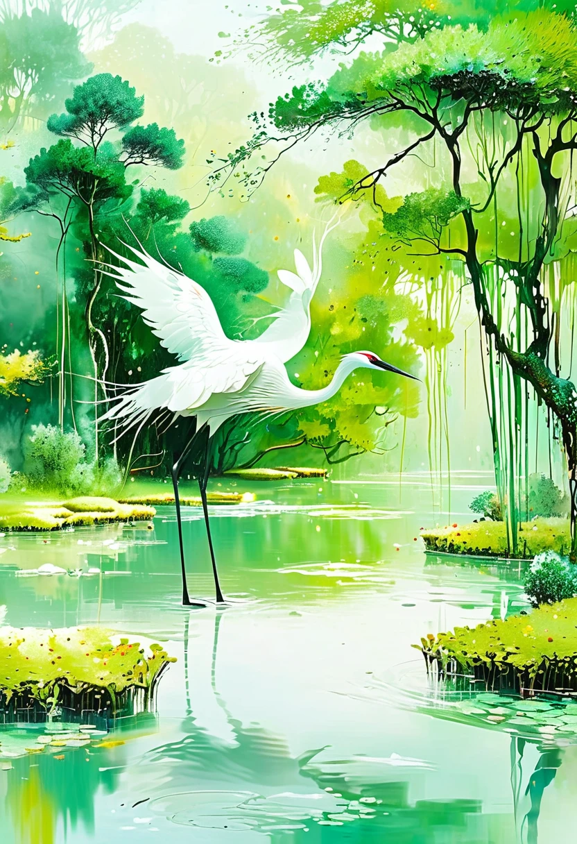 An immortal crane floats in the background of water and trees, abstract painting style, emmanuelle moureaux, traditional Chinese landscape, light white and light green, Ultra HD images, abstract Impressionism, motion blurred panorama