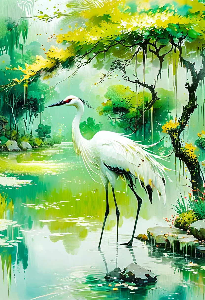 An immortal crane floats in the background of water and trees, abstract painting style, emmanuelle moureaux, traditional Chinese landscape, light white and light green, Ultra HD images, abstract Impressionism, motion blurred panorama