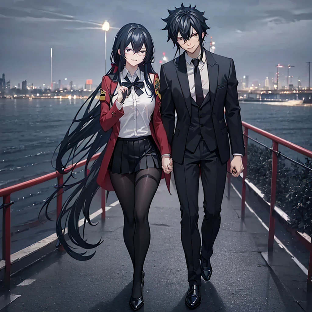 A man together with a woman holding hands Walking on a wide sidewalk overlooking a city at night with illuminated buildings, with perfect lighting, (romantic mood) (holding hands perfectly with coherent fingers), (Azurlane, IJN_Taihou, woman wearing red coat white shirt , black skirt, black tights, smiling red eyes, long black hair) (a man wearing a black suit, Fairy_tail,Gray fullbuster, black pants, black hair, dark blue eyes, smiling) (just a man and woman couple), .shadow, flower , UHD , masterpiece, accurate, anatomically correct, textured skin, super detail, high quality, best quality, 8k, high resolution, bokeh effect.
