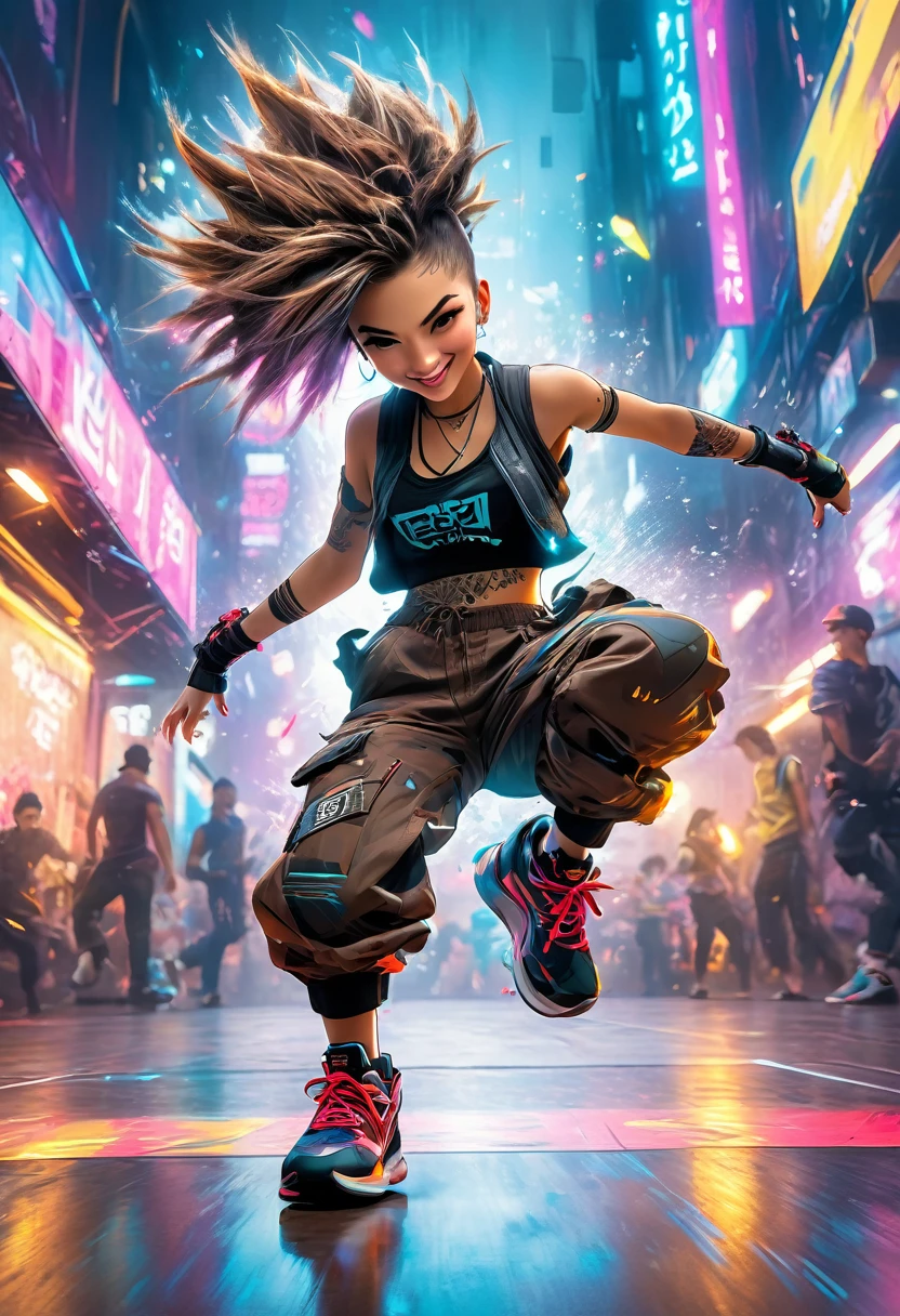 (masterpiece, best quality:1.2), A cute lady, solo, breakin dancer, power movements, strenuous movements, intense footwork, one hand stand, Dynamic Motion Blur, Sweat shines and pops, cyberpunk, bright smile, lips apart, (punk color short hair, brown eyes), (crop top, cargo pants, sneakers), Fluttering hair, particles, atmosphere full of steam, professional lighting, cinematic lighting, Dynamic action scenes