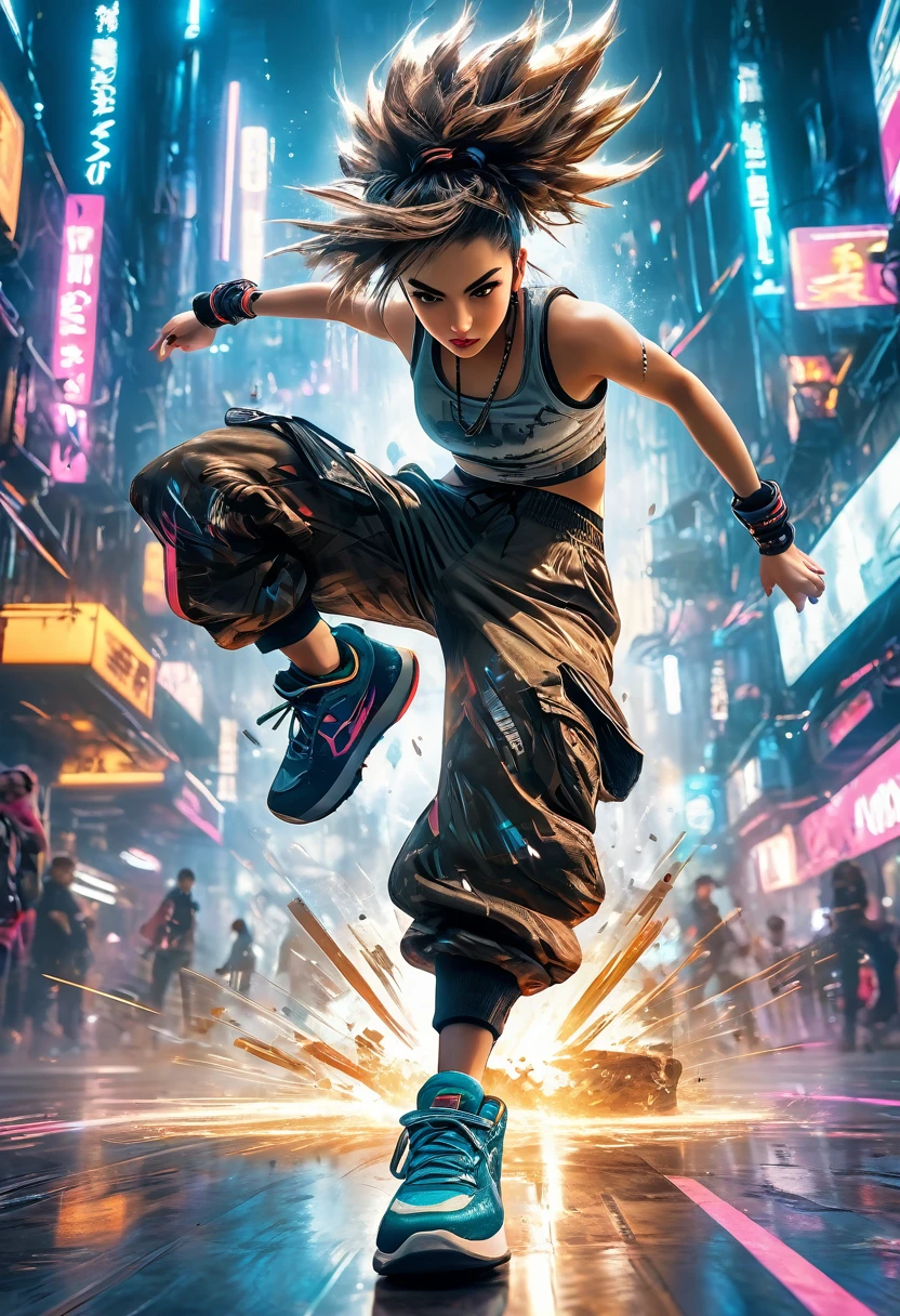 (masterpiece, best quality:1.2), A cute lady, solo, breakin dancer, power movements, strenuous movements, intense footwork, squatting with one leg stretched out, Dynamic Motion Blur, Sweat shines and pops, cyberpunk, lips apart, (punk color short hair, brown eyes), (crop top, cargo pants, sneakers), Fluttering hair, particles, atmosphere full of steam, professional lighting, cinematic lighting, Dynamic action scenes