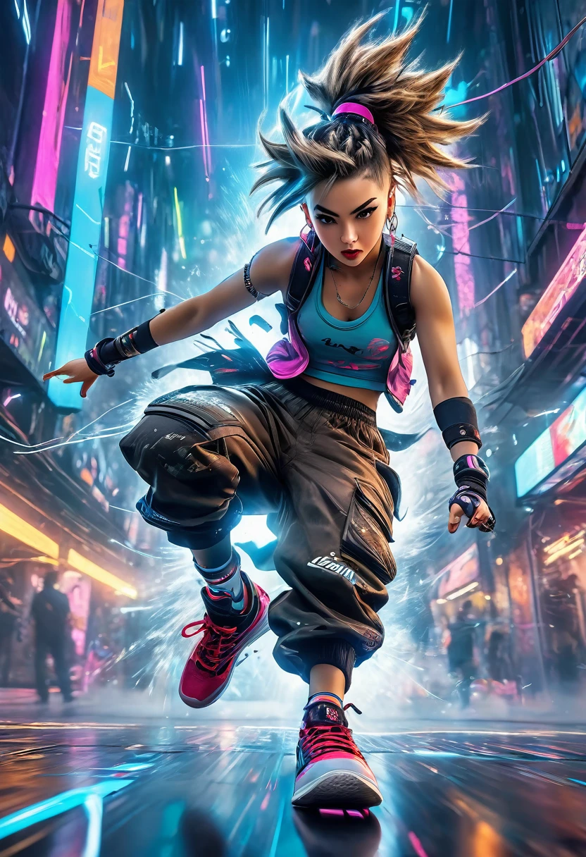 (masterpiece, best quality:1.2), A cute lady, solo, breakin dancer, power movements, strenuous movements, intense footwork, squatting down with one leg stretched out, Dynamic Motion Blur, Sweat shines and pops, cyberpunk, lips apart, (punk color short hair, brown eyes), (crop top, cargo pants, sneakers), Fluttering hair, particles, atmosphere full of steam, professional lighting, cinematic lighting, Dynamic action scenes