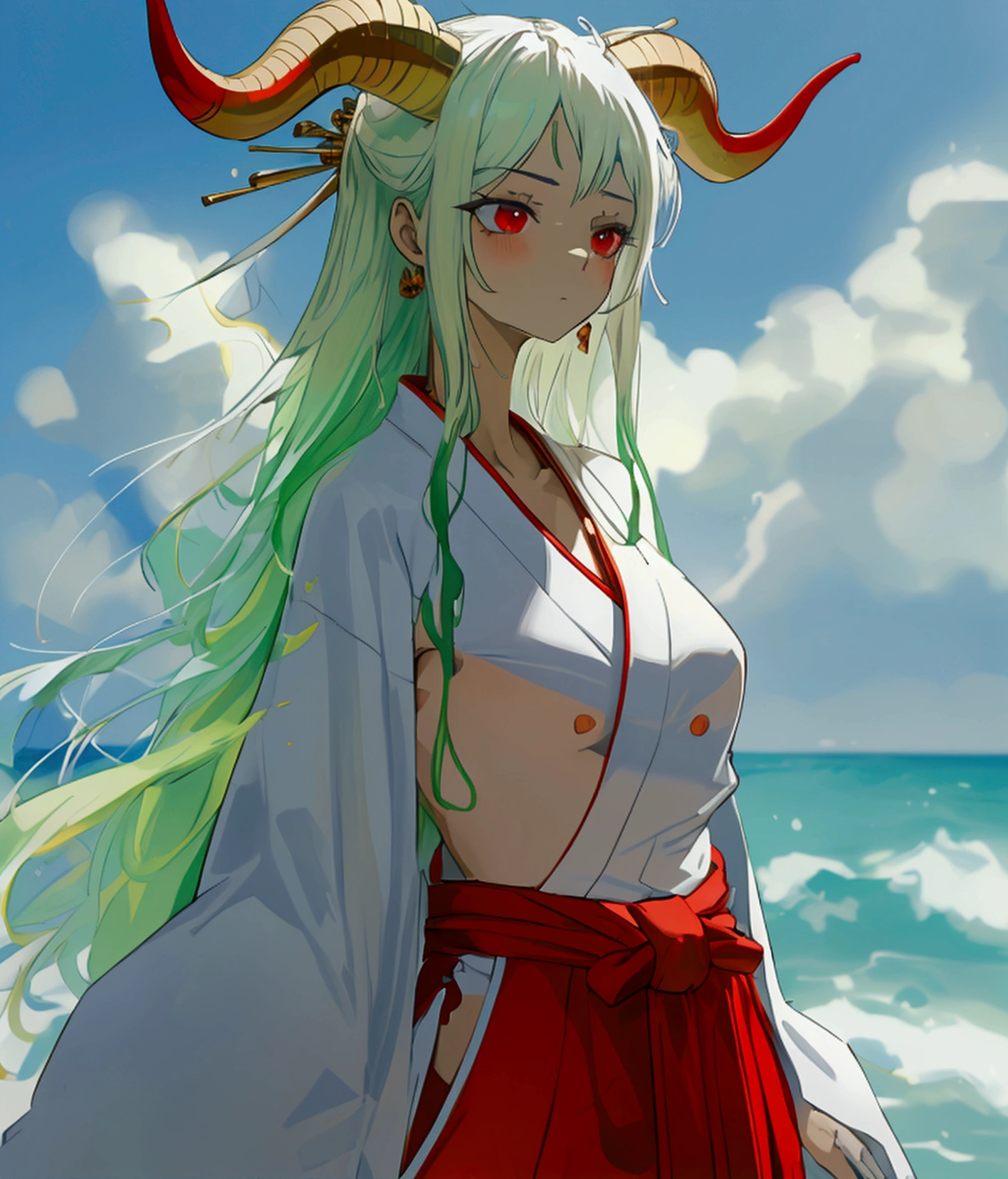 SimpleNegativeV3, high_aesthetic, art by kipteitei, ((Masterpiece, best quality, perfect lighting, amazing shading)), standing, full body, perfect anatomy, field of depth, extremely beautiful, mature female, clothed, hourglass_figure, yamato\(one piece\), multicolored hair, white hair, green hair, oni horn, colored horn, long hair, red eyes, white kimono top, red pants, (((skinny))), blushing, beach background, detailed background