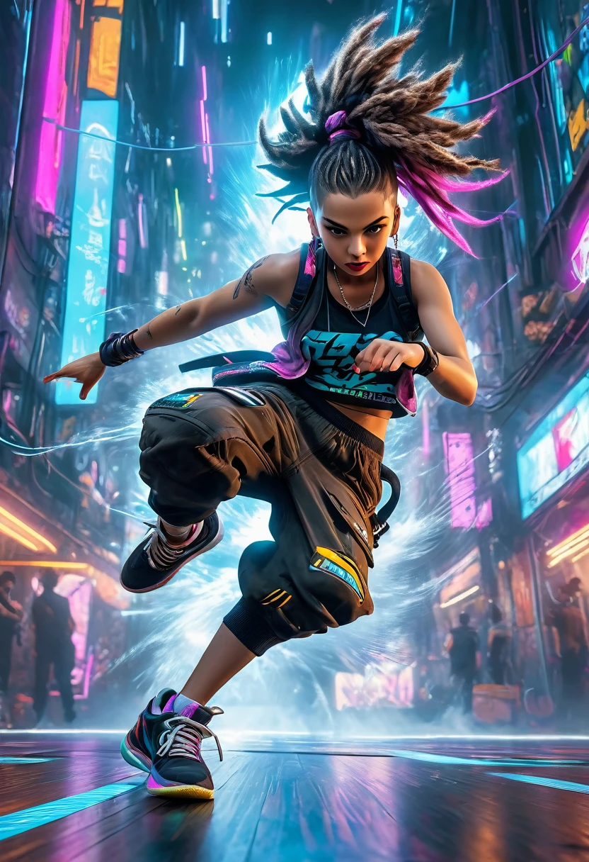 (masterpiece, best quality:1.2), A cute lady, solo, breakin dancer, power movements, strenuous movements, intense footwork, squatting down with one leg stretched out, Dynamic Motion Blur, Sweat shines and pops, cyberpunk, lips apart, (punk color short hair, brown eyes), Anatomically accurate hands and fingers, (crop top, cargo pants, sneakers), Fluttering hair, particles, atmosphere full of steam, professional lighting, cinematic lighting, Dynamic action scenes