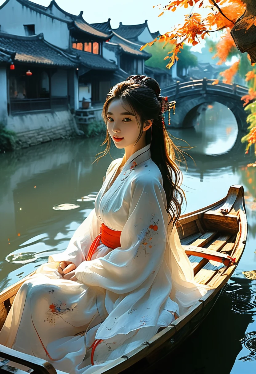 Ilustración plana minimalista，Campo de Jiangnan en verano，Hermoso y moderno Wuzhen，Hermosa chica de pelo largo sentada en un barco，Usando Hanfu moderno，Detrás hay un puente de piedra lleno de gente.，Súper feliz，alegría，El horizonte en la distancia，una fusión de lo antiguo y lo moderno，Bulliciosa multitud de turistas，Lleno de poesía，Fondo limpio，dinámica，Sensación nebulosa，capas，Tiene un efecto visual impresionante.，Iluminación fascinante，colores brillantes y vivos，Chiaroscuro，Estilo Wu Guanzhong，departamento，Minimalism，alta calidad，Alto detalle，alta definición，obra maestra，obra maestra