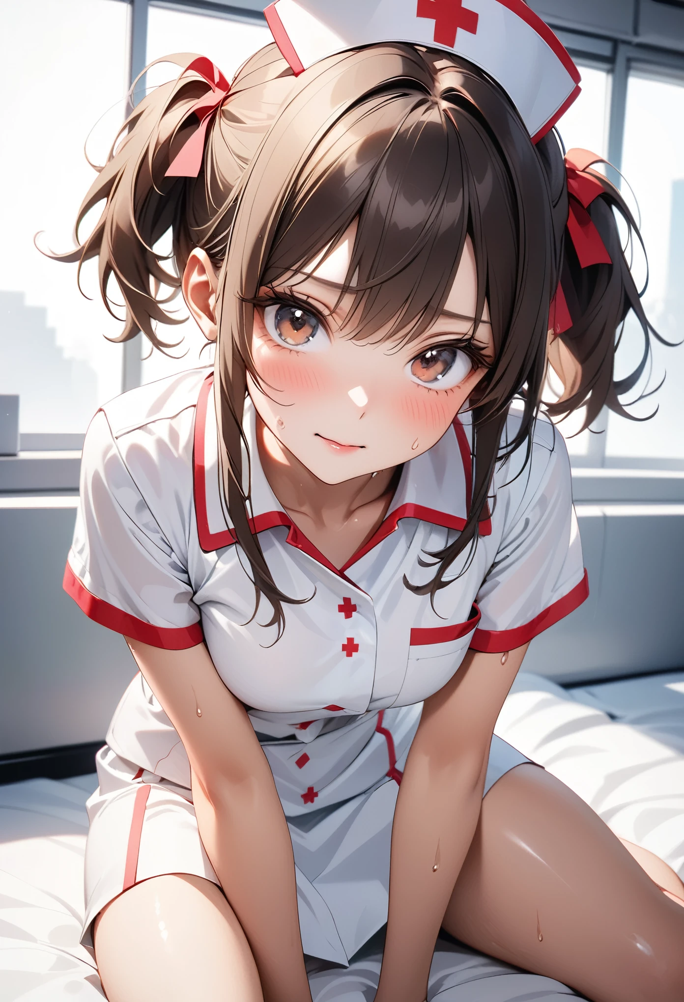 (((nurse uniform, skirt))), ((Shiny Costumes)), skindentation, skinny, solo, 1 woman, Masterpiece, highest quality, highest quality, 16K, incredibly absurd, highly detailed, 2.5D, ai-generated, delicate and dynamic, very delicate facial expressions, delicate eye depiction, erotic, only sexy woman, ((A cute and kind face)), healthy figure, ((25-year-old woman)), 160cm tall, medium firm swaying bust, , blush, Sweat,Embarrassed,sexy, ((thin thighs)), (camel toe:0.7), (visible nipples:0.3), (Erect nipples,:0.7), shiny and lustrous, facing straight at viewer, (((in heat))), ((Oily_skin)), ((Lots of sweat)), (((Brown Skin))), ((dutch angle)), ((erotic pose)), (((Collapsed from heat stroke))), ((reclining)),