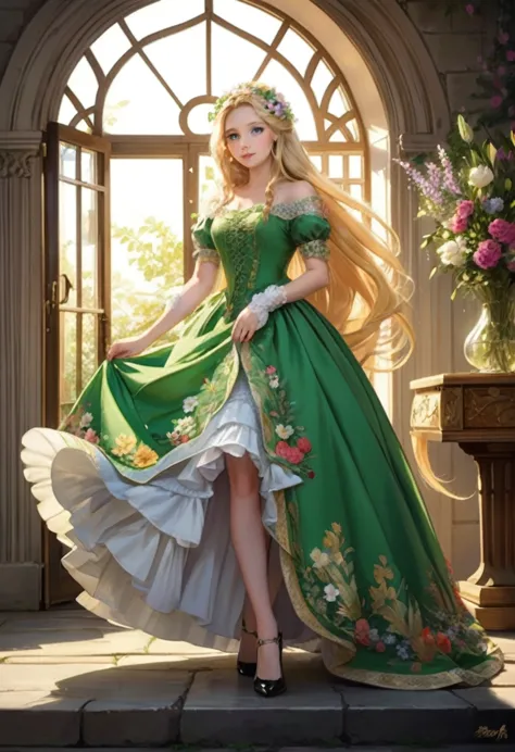 rapunzel 1girl, blonde hair, long hair, green eyes, very long hair, flower, dress, flowers, high heels, looking at viewer, (mast...